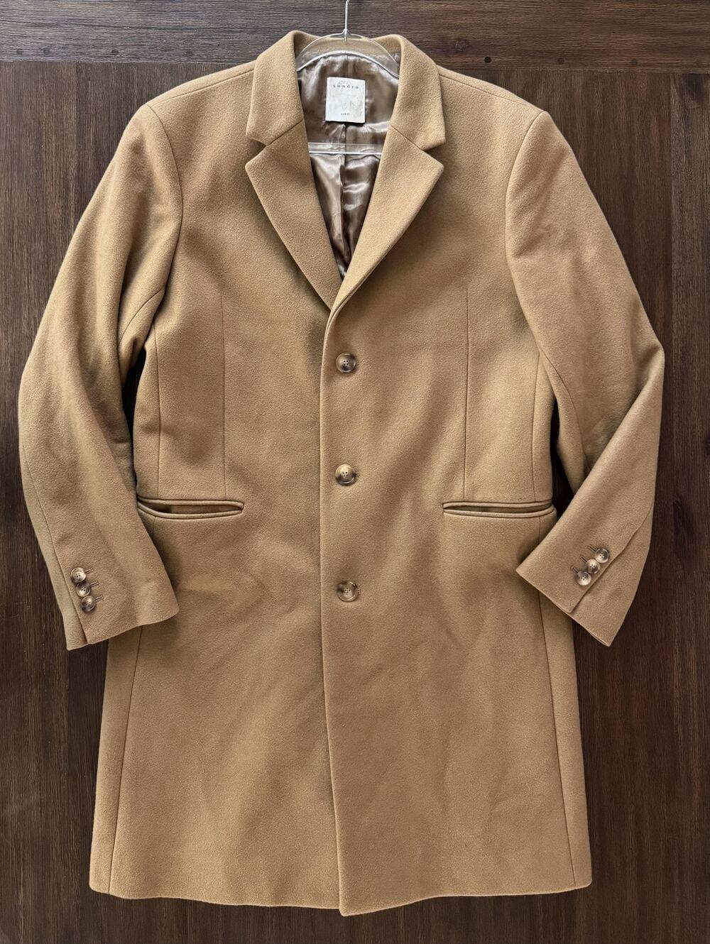 Sandro Wool Cashmere Overcoat Mens 2XL Brown Tan Single Breasted Long Coat